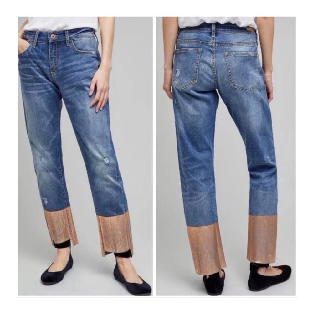 Pilcro & the Letterpress Slim Boyfriend Jeans‎ Rose Gold Foil Hem Size 25